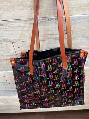 Dooney & Bourke Black Multi Logo Tote with Brown Straps